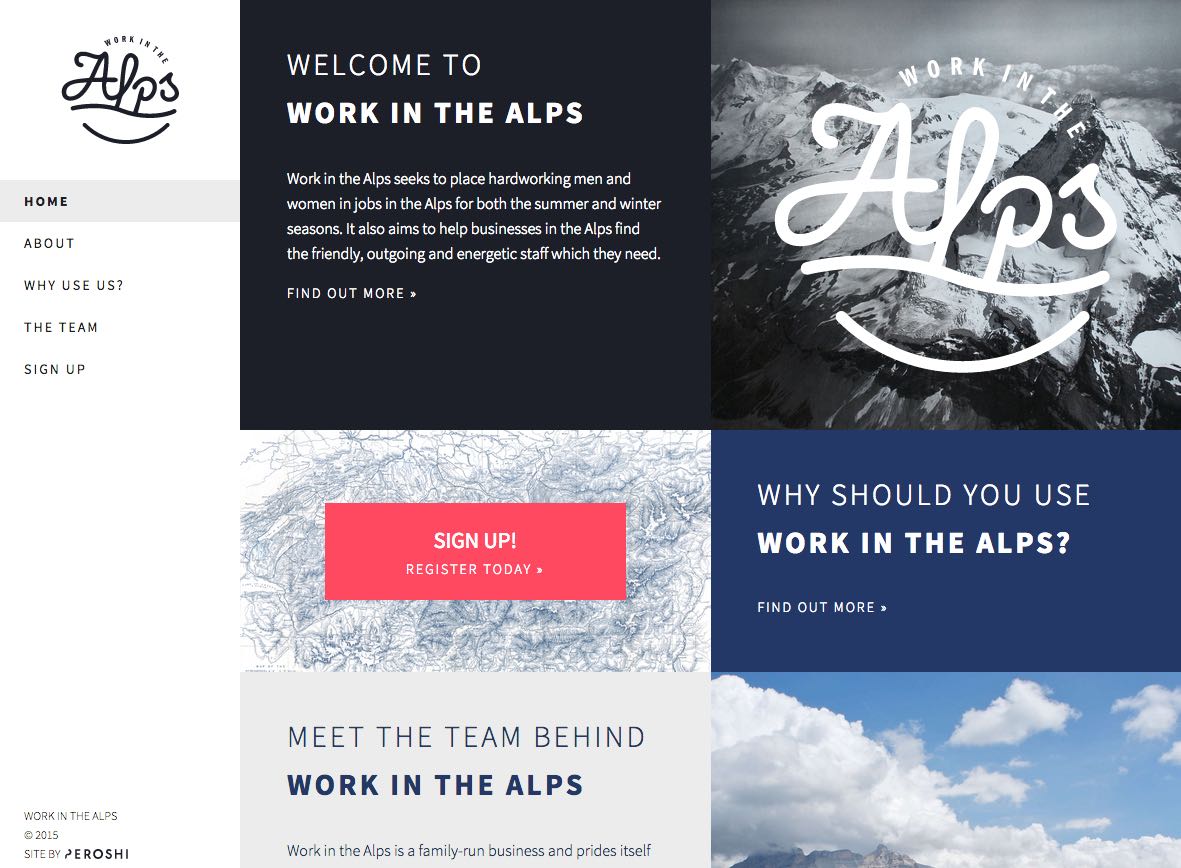Website screenshot for Work in the Alps